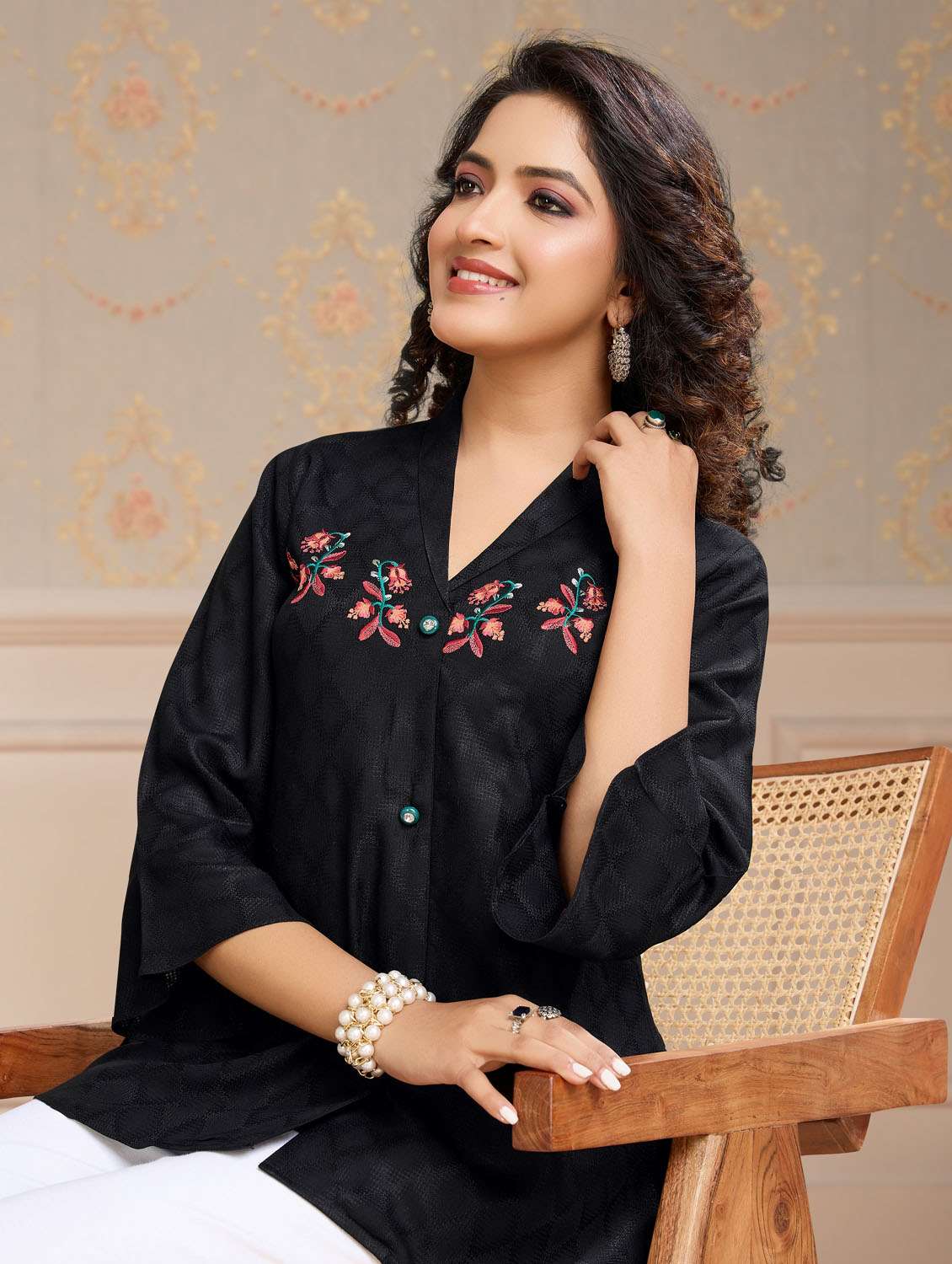 women embroidered bell sleeve shirt style top