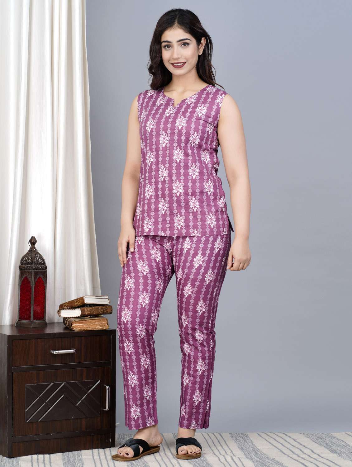 women printed sleeveless nightwear pyjama set - 21967147 - Standard Image - 2