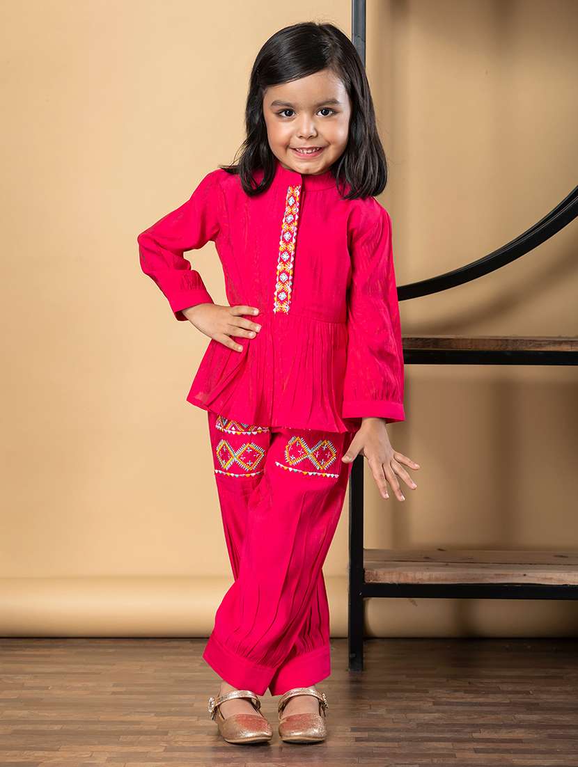 girls embroidered long sleeve kurta and salwar set