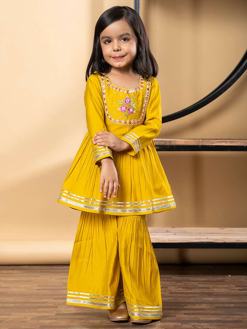 girls gota detailed long sleeve kurta and sharara set