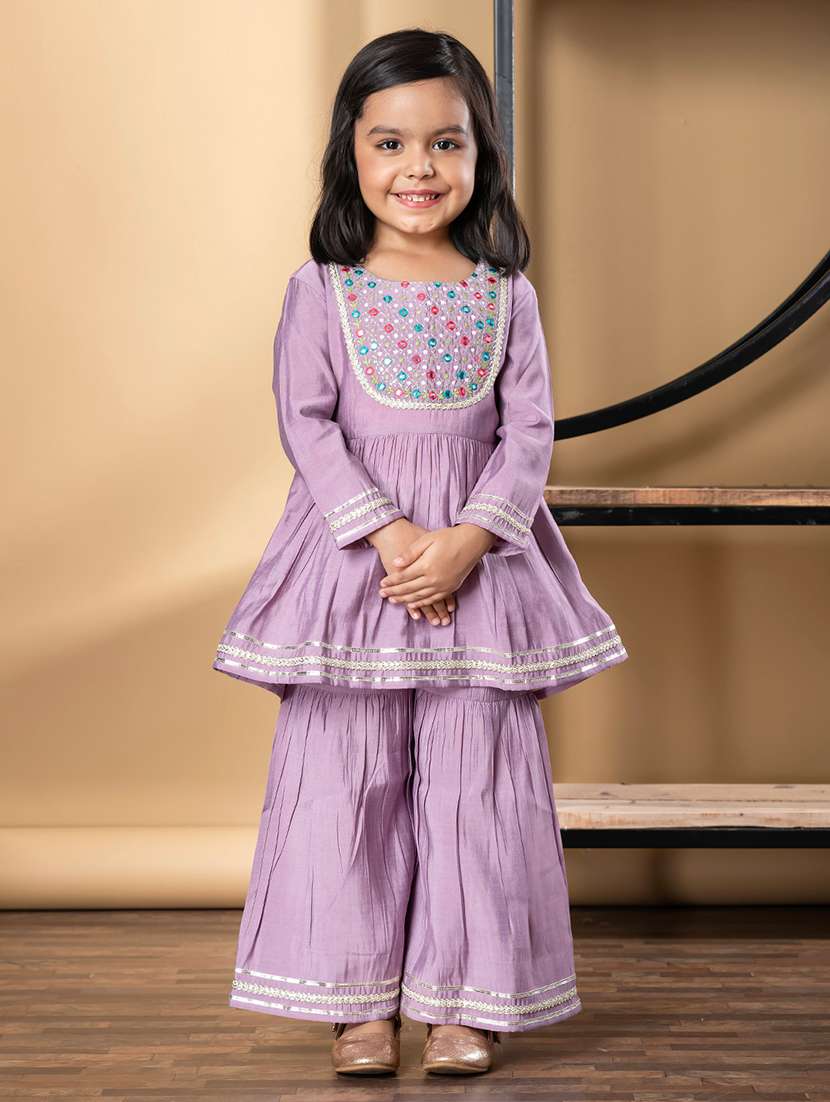 girls gota detailed long sleeve kurta and sharara set