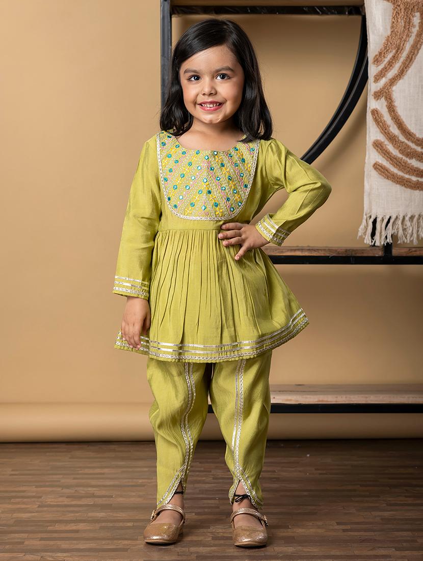 girls embroidered long sleeve kurta and pant set