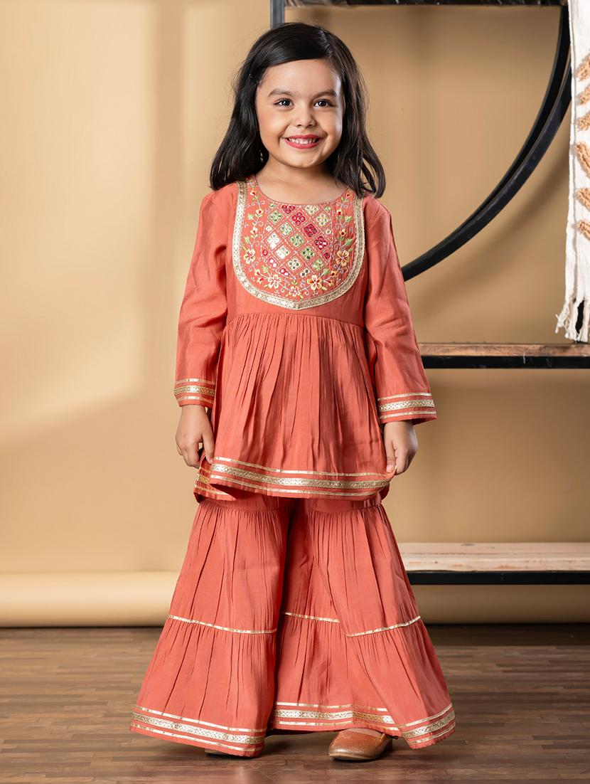 girls embroidered long sleeve kurta and sharara set