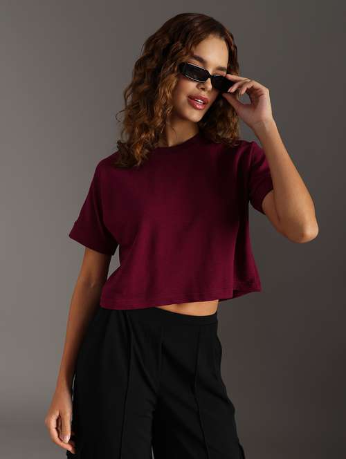 women solid short sleeve crop top - 21967217 - Standard Image - 0