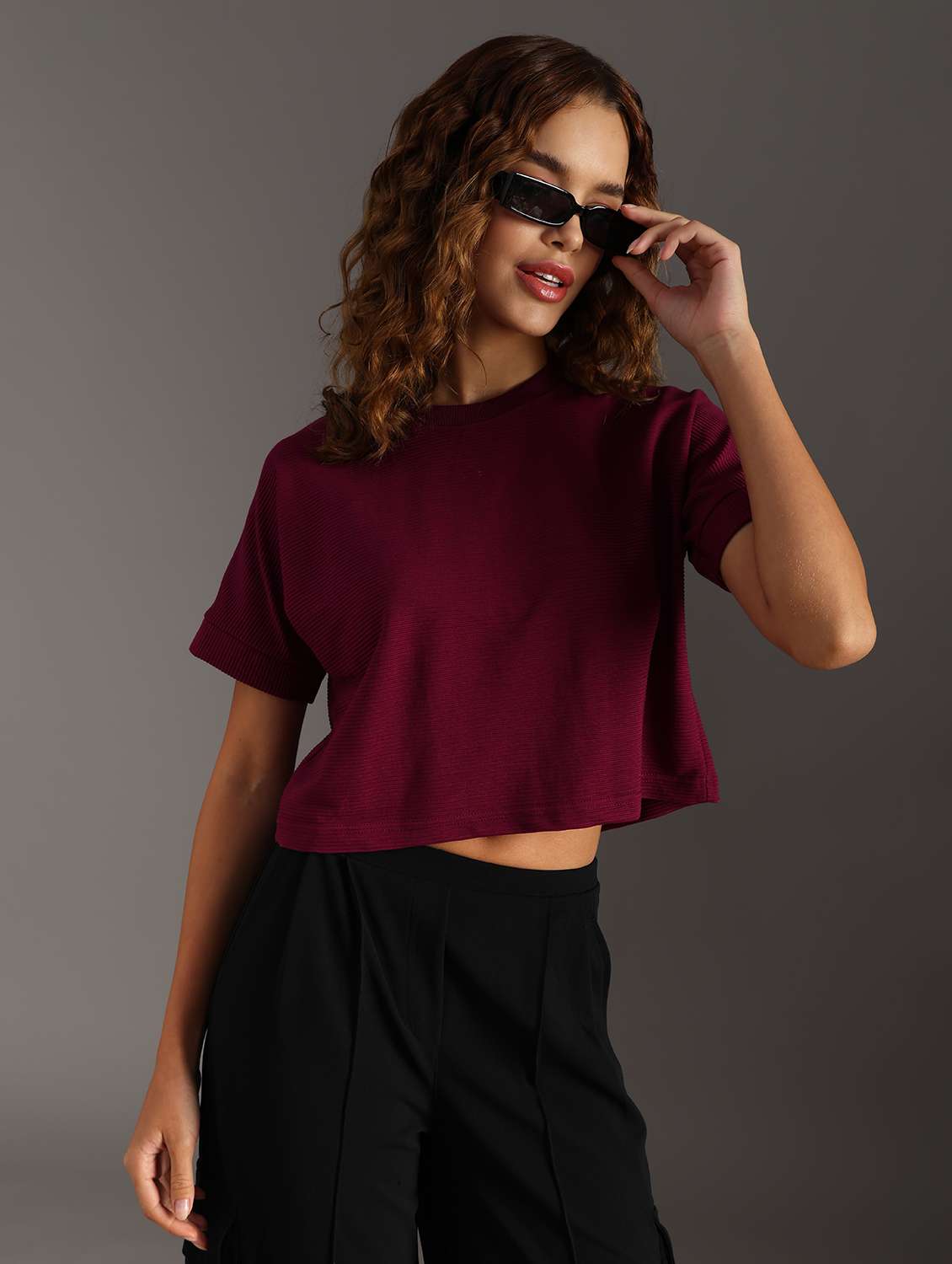 women solid short sleeve crop top - 21967217 - Zoom Image - 0