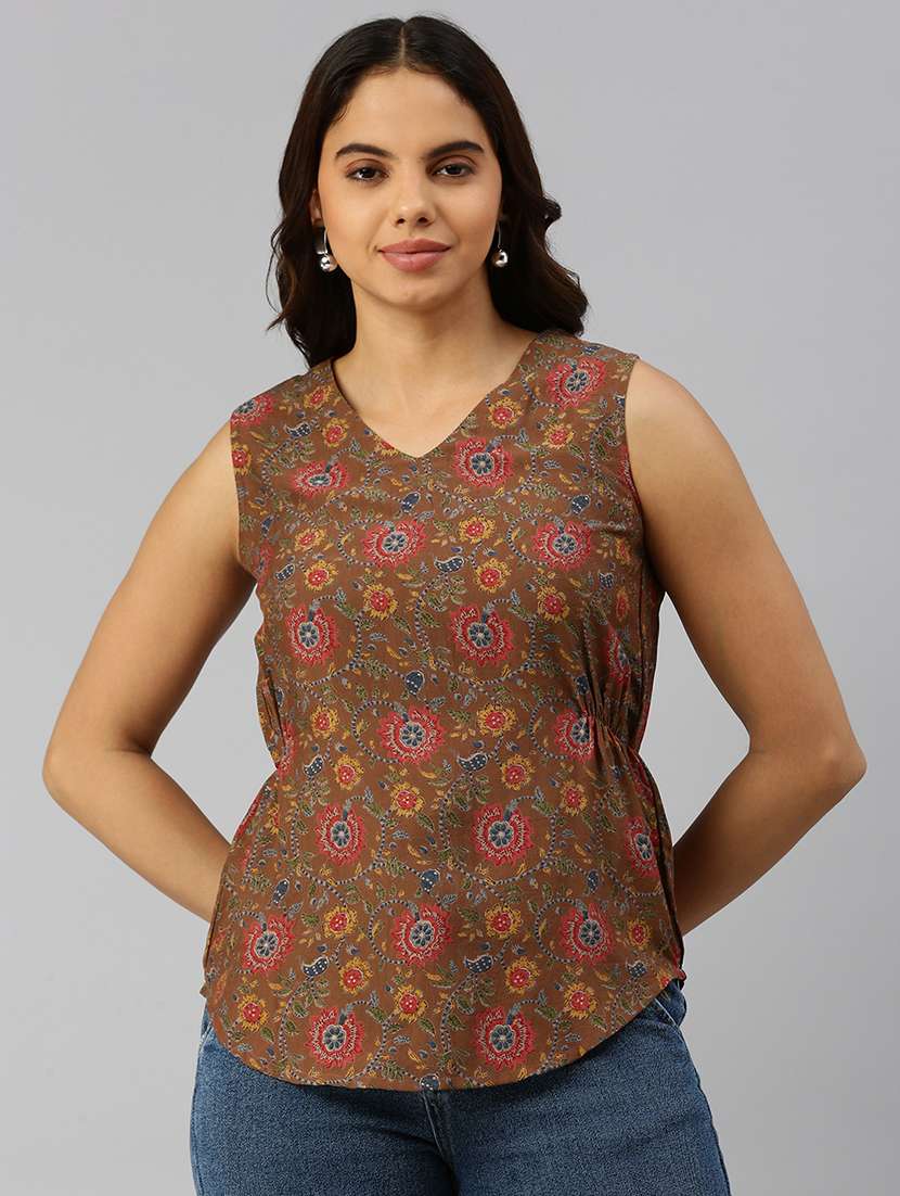 women brown printed sleeveless short kurti - 21967250 -  Standard Image - 2