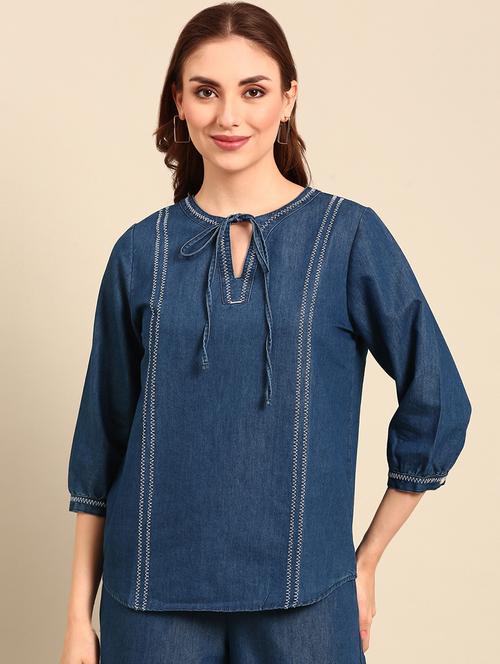 women solid tie-up neck puff sleeve denim top - 21967252 - Standard Image - 0