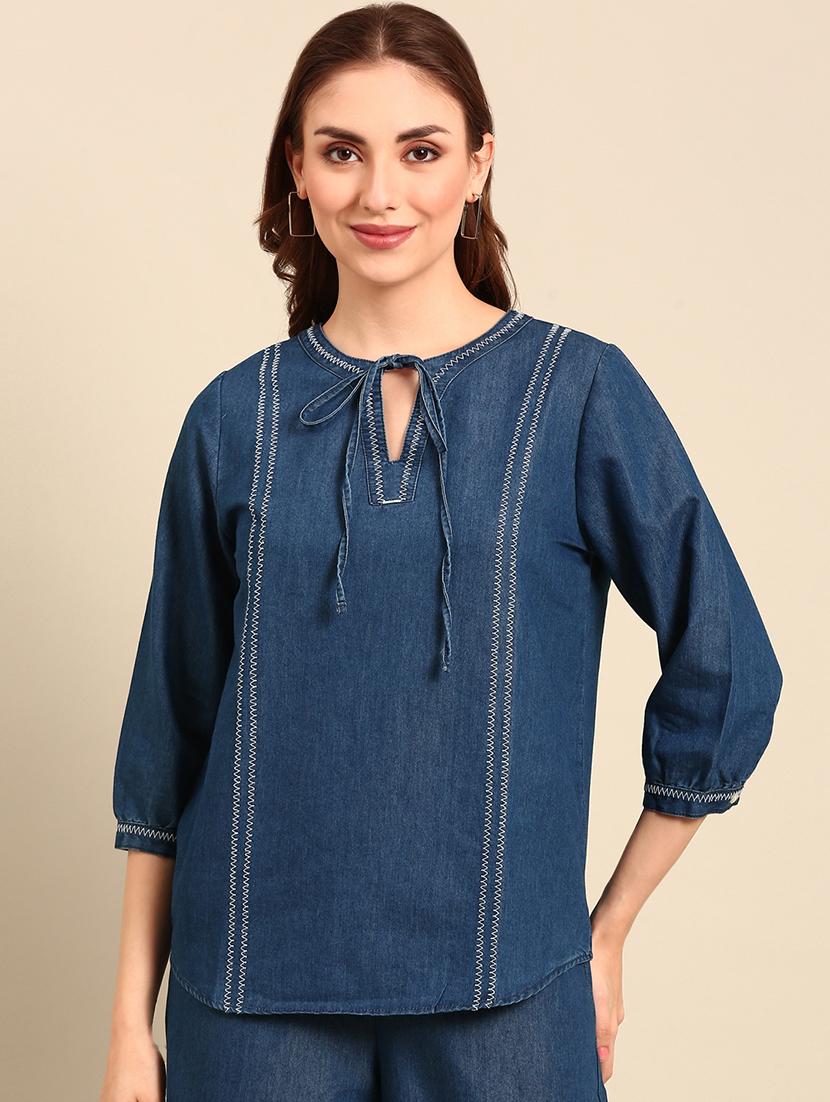 women solid tie-up neck puff sleeve denim top - 21967252 - Zoom Image - 0
