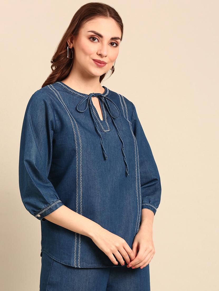 women solid tie-up neck puff sleeve denim top - 21967252 - Standard Image - 2