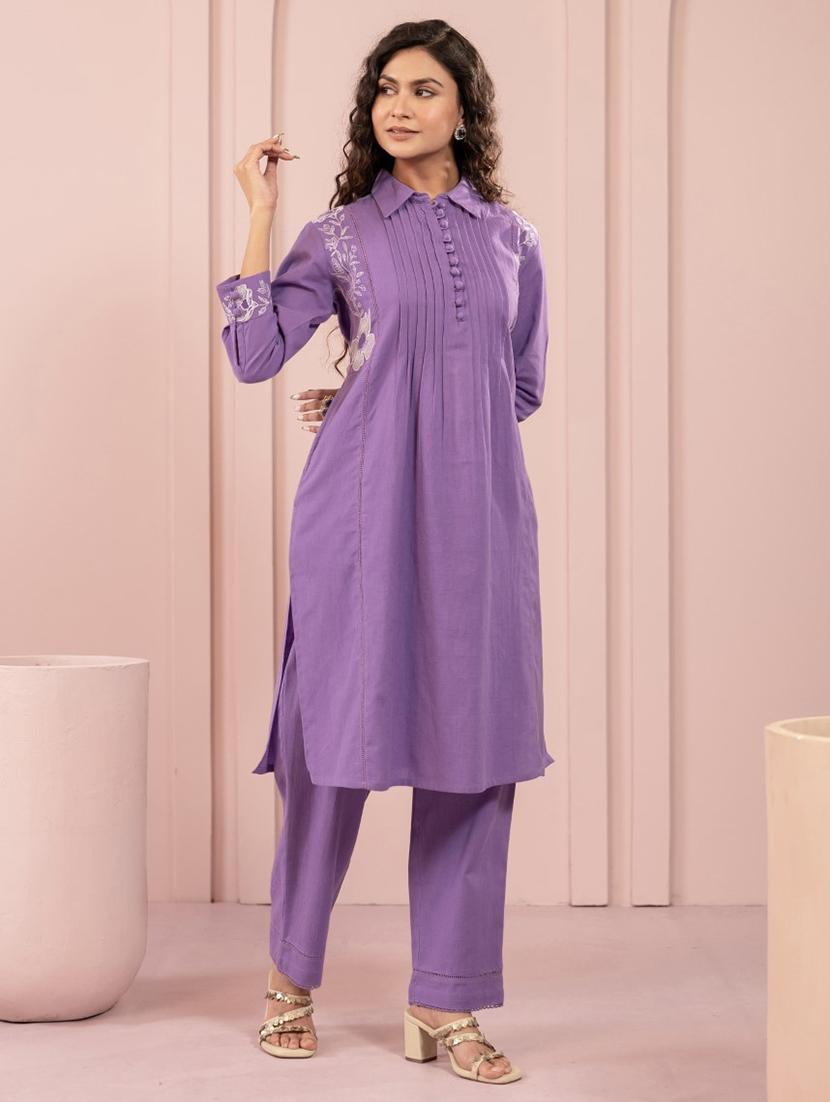 women purple floral long sleeve kurta pant set - 21967345 - Standard Image - 2