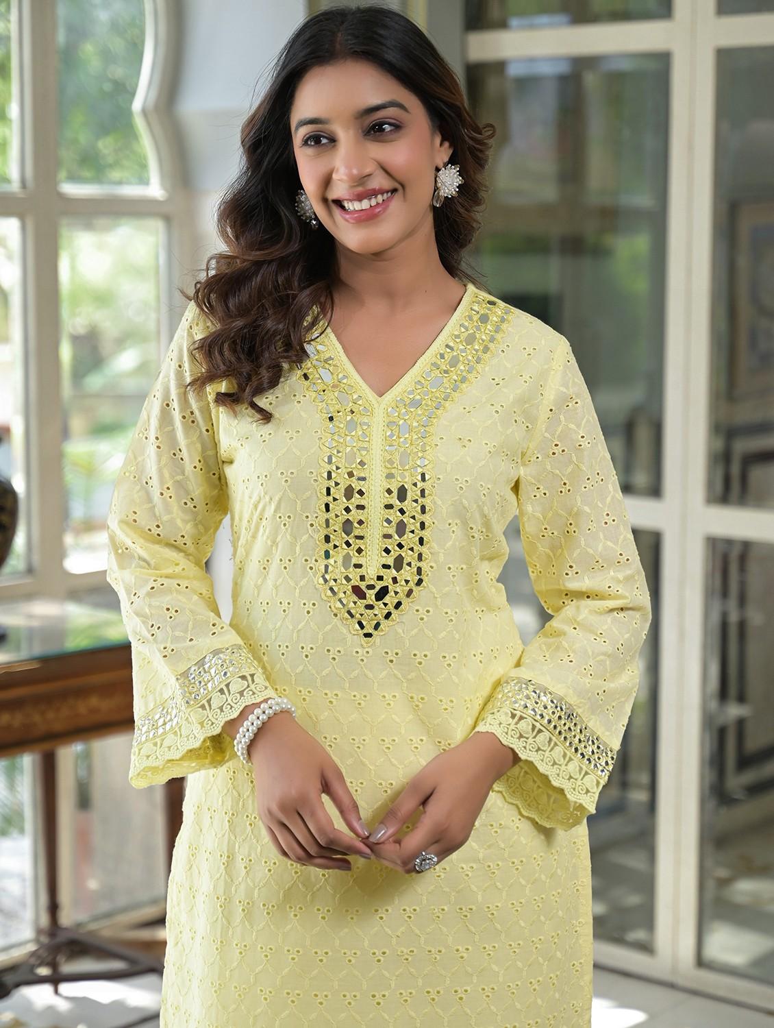 women yellow long sleeve kurta pant set - 21967364 - Standard Image - 2