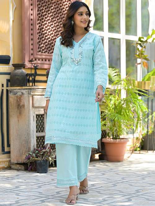 women light blue long sleeve kurta pant set