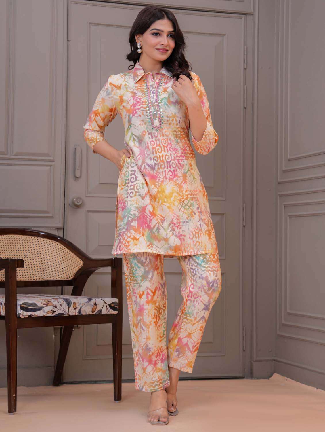 women three quarter sleeve ethnic co-ord set