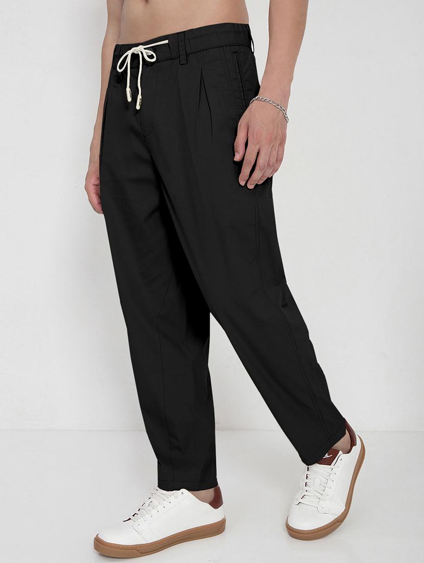 men black solid low rise pleated casual trouser - 21968057 - Standard Image - 2
