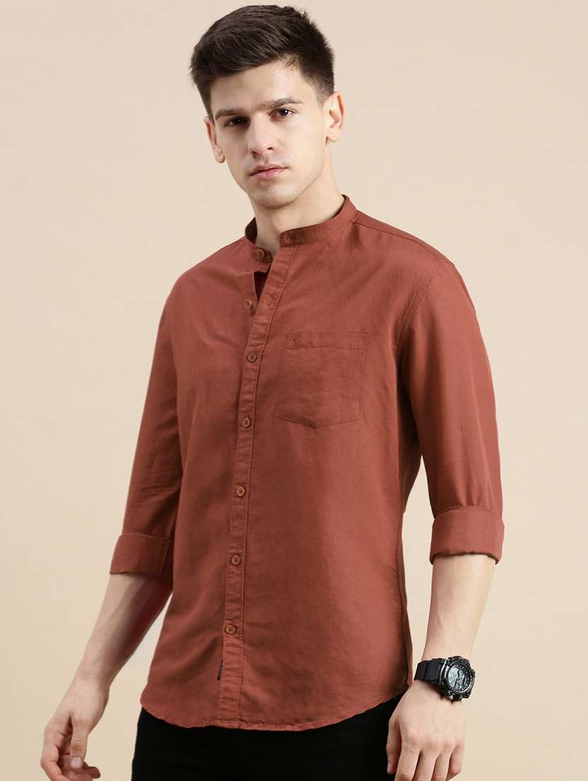 men solid long sleeve mandarin collar casual shirt - 21968076 -  Standard Image - 2