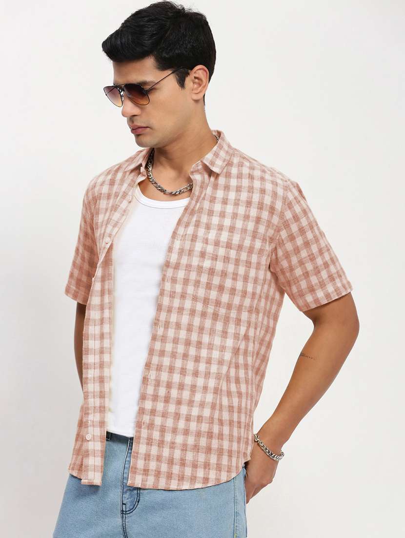 men checkered short sleeve collared casual shirt