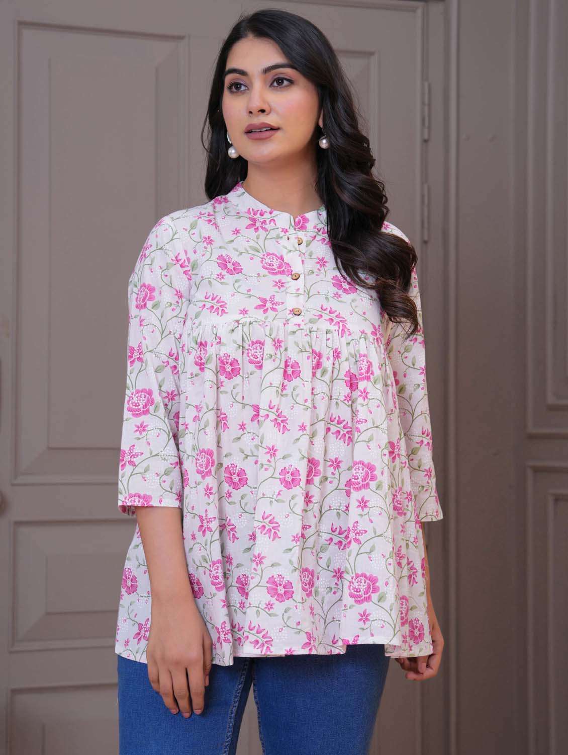 women floral three quarter sleeve flared tunic
