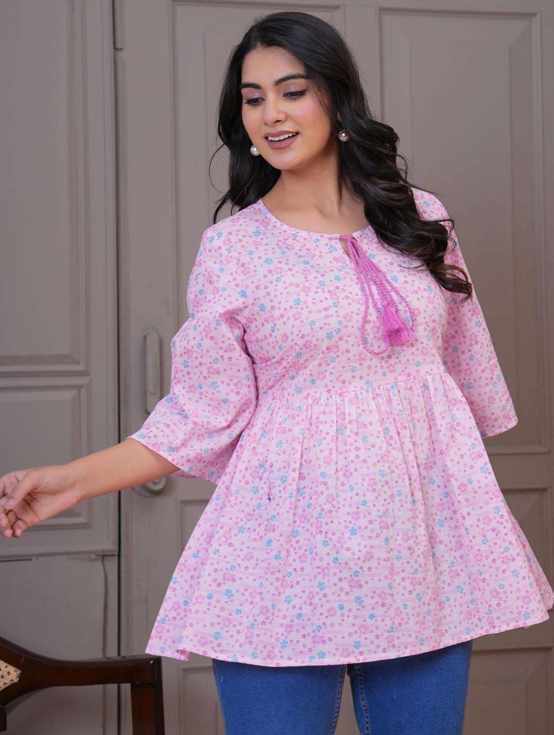 women floral three quarter sleeve flared tunic