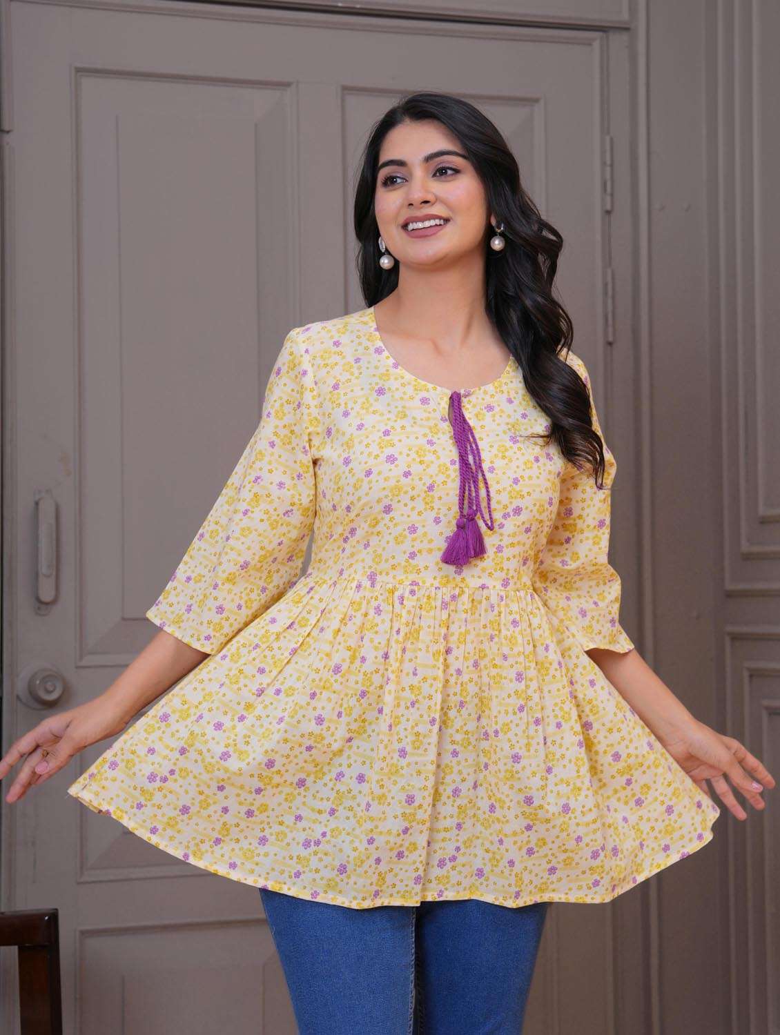 women floral three quarter sleeve flared tunic