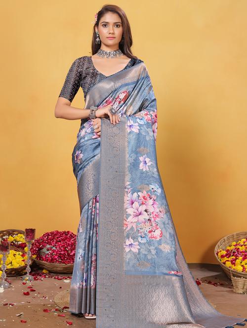 women floral printed bordered saree with blouse - 21968136 -  Standard Image - 0