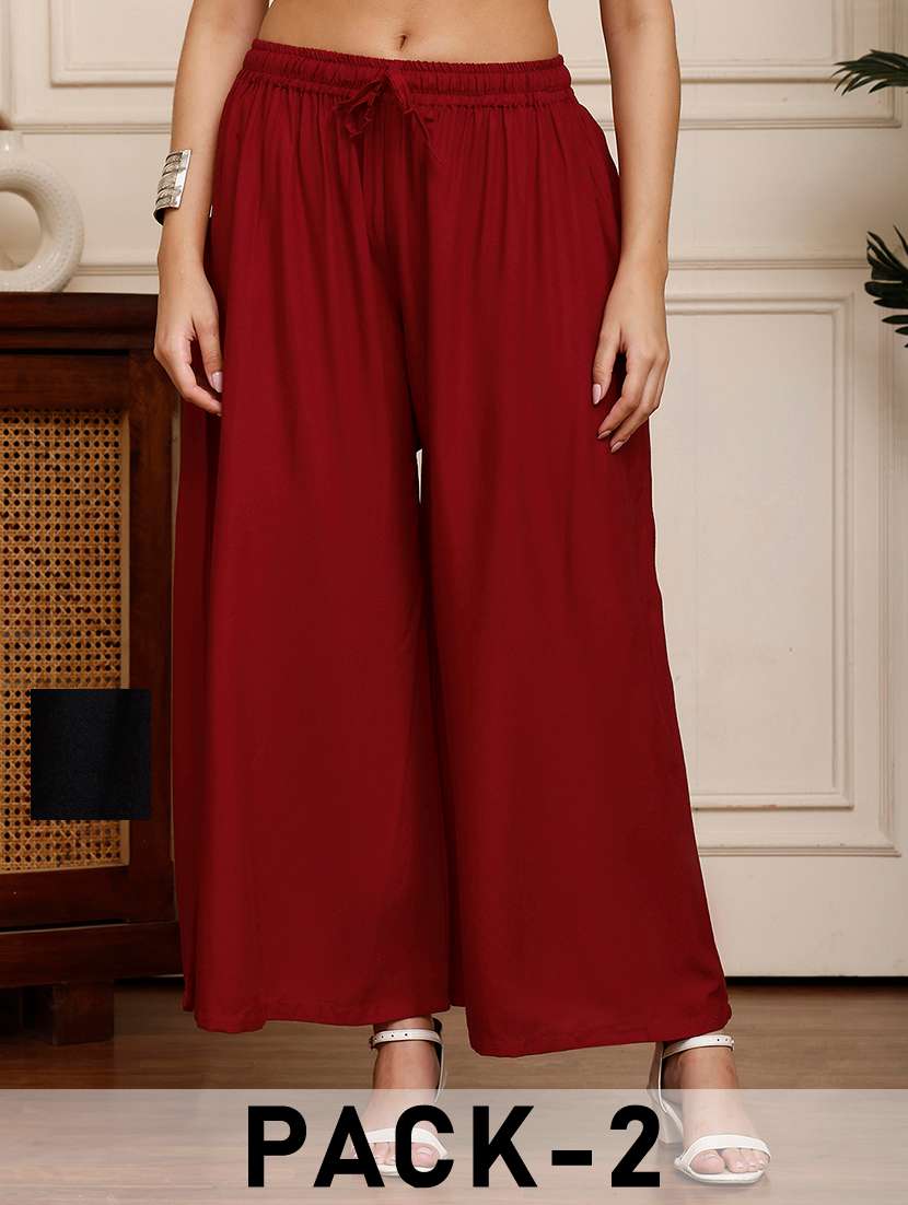 women pack of 2 solid flared palazzo