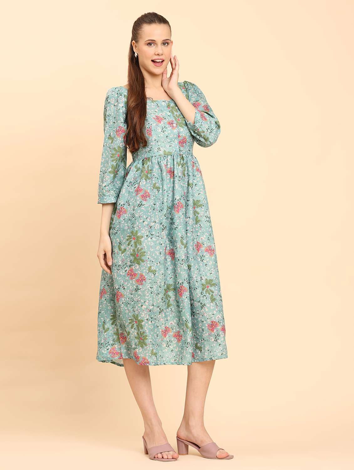 women floral print square neck a-line dress - 21968344 - Standard Image - 2