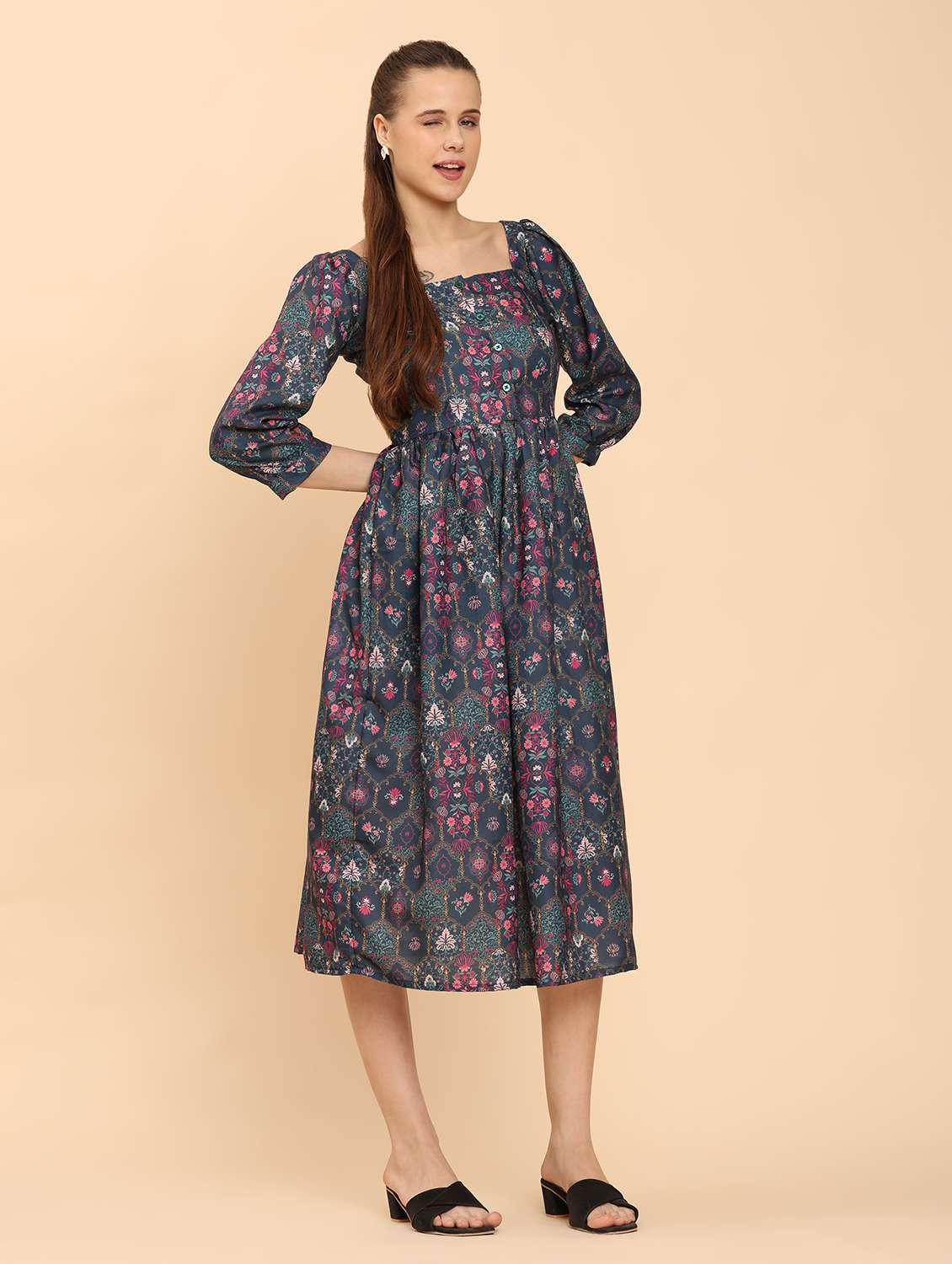 women print square neck  a-line dress - 21968345 -  Standard Image - 2