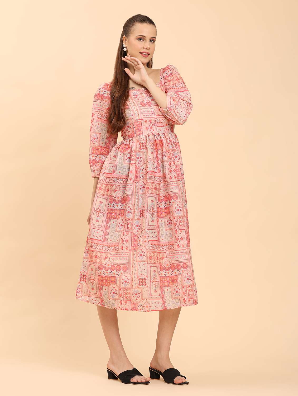 women peach printed square neck  a-line dress - 21968348 -  Standard Image - 2