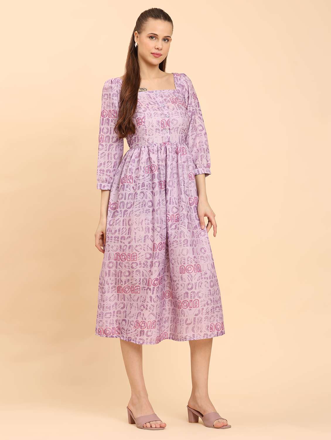women lavender printed square neck a-line dress - 21968349 - Standard Image - 2