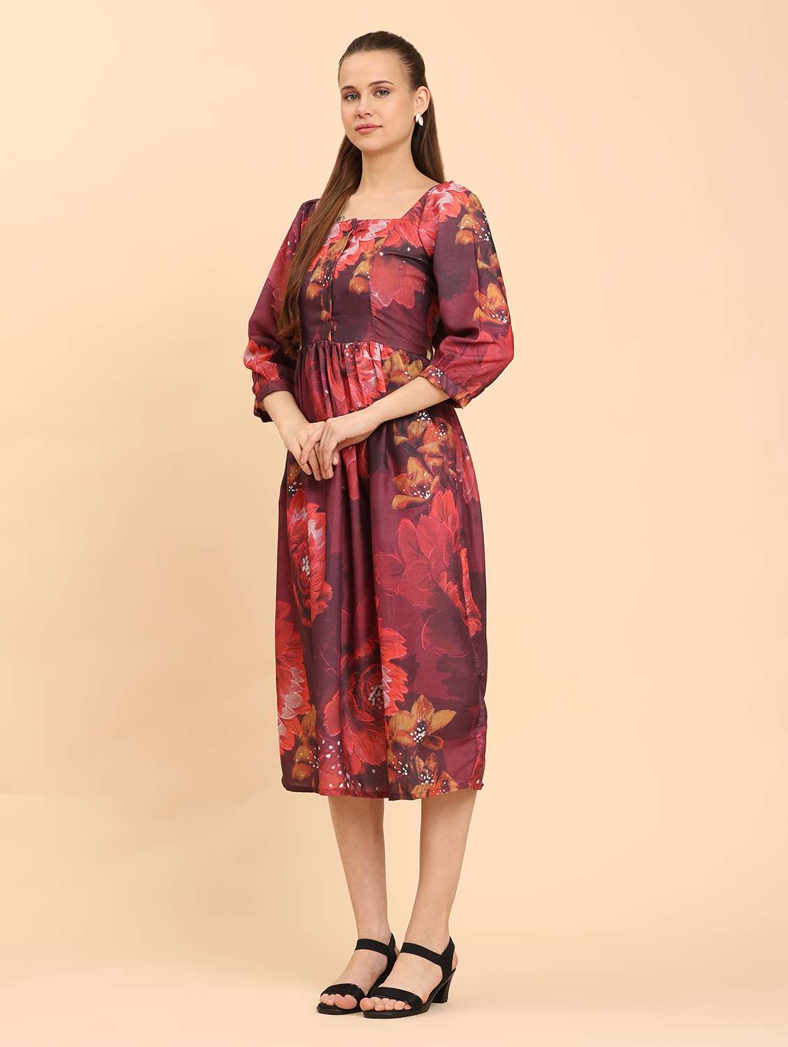 women floral print square neck a-line dress - 21968350 - Standard Image - 2