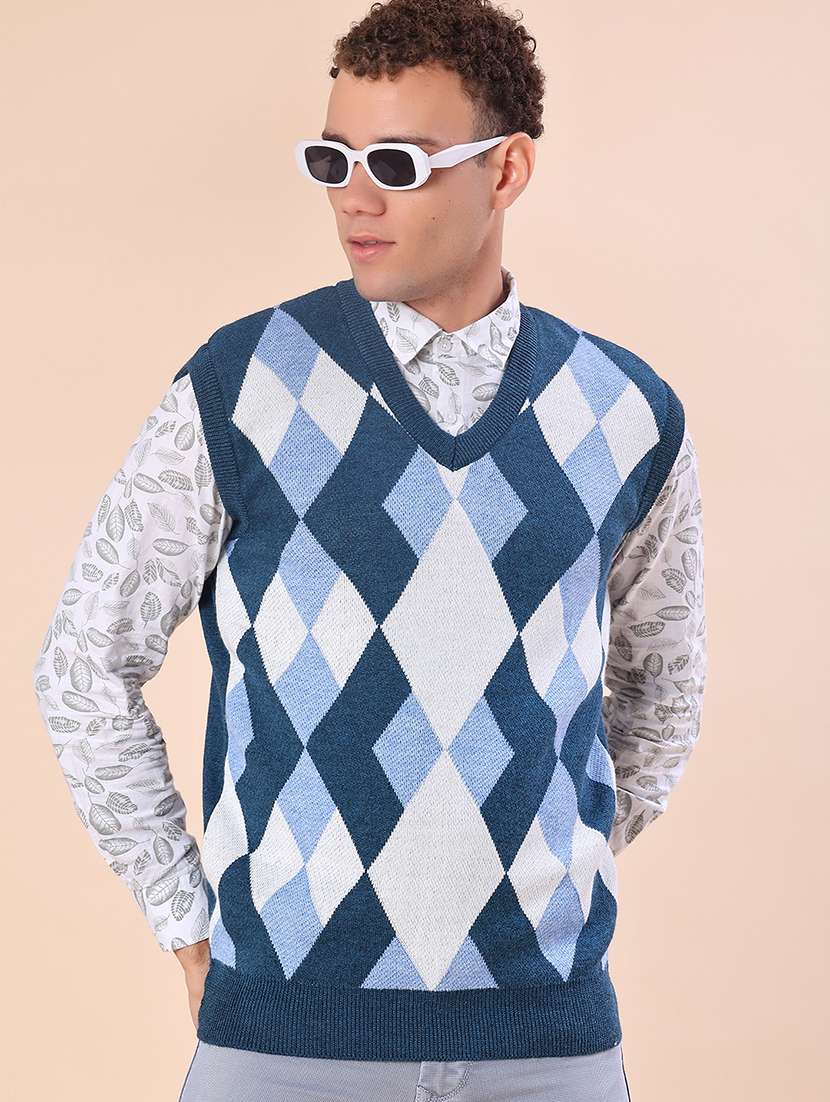 men checkered sleeveless regular fit pullover