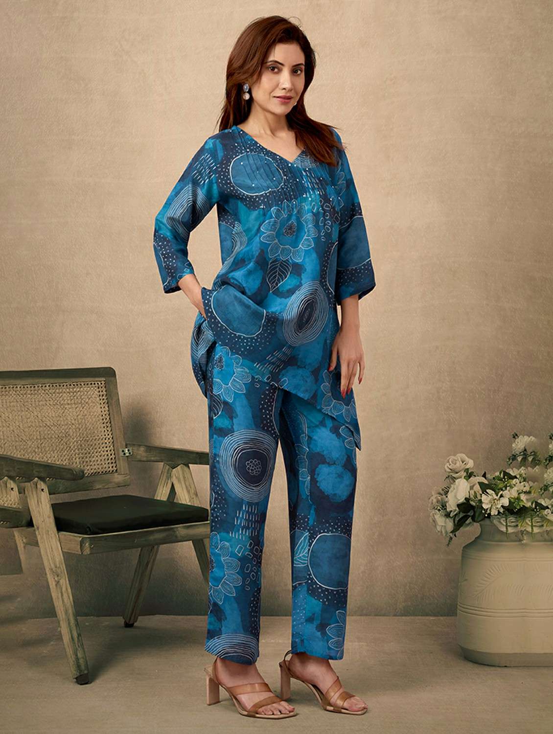 women printed three quarter sleeve ethnic co ord set - 21968499 -  Standard Image - 2