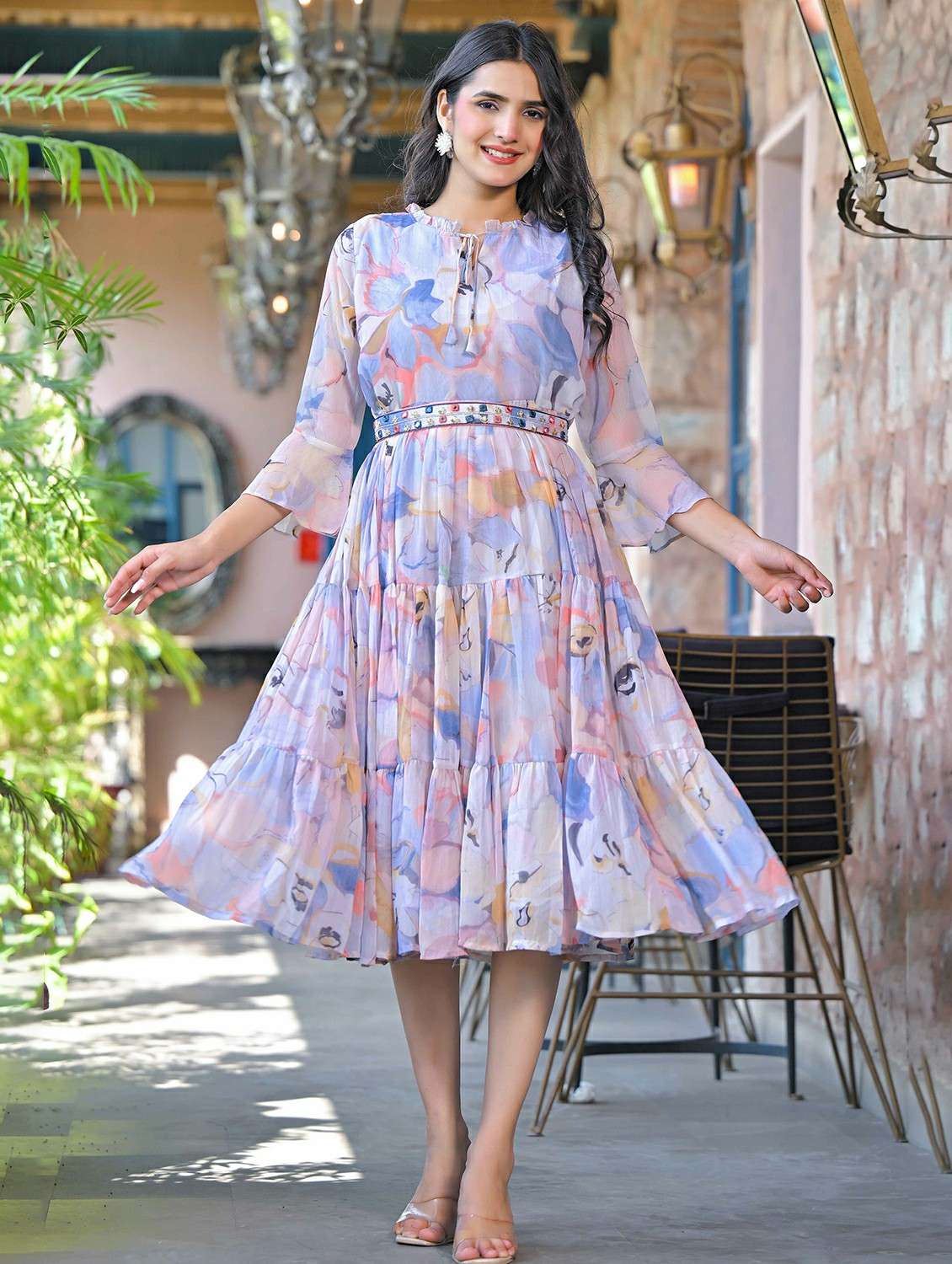 women printed tie-up neck tiered dress