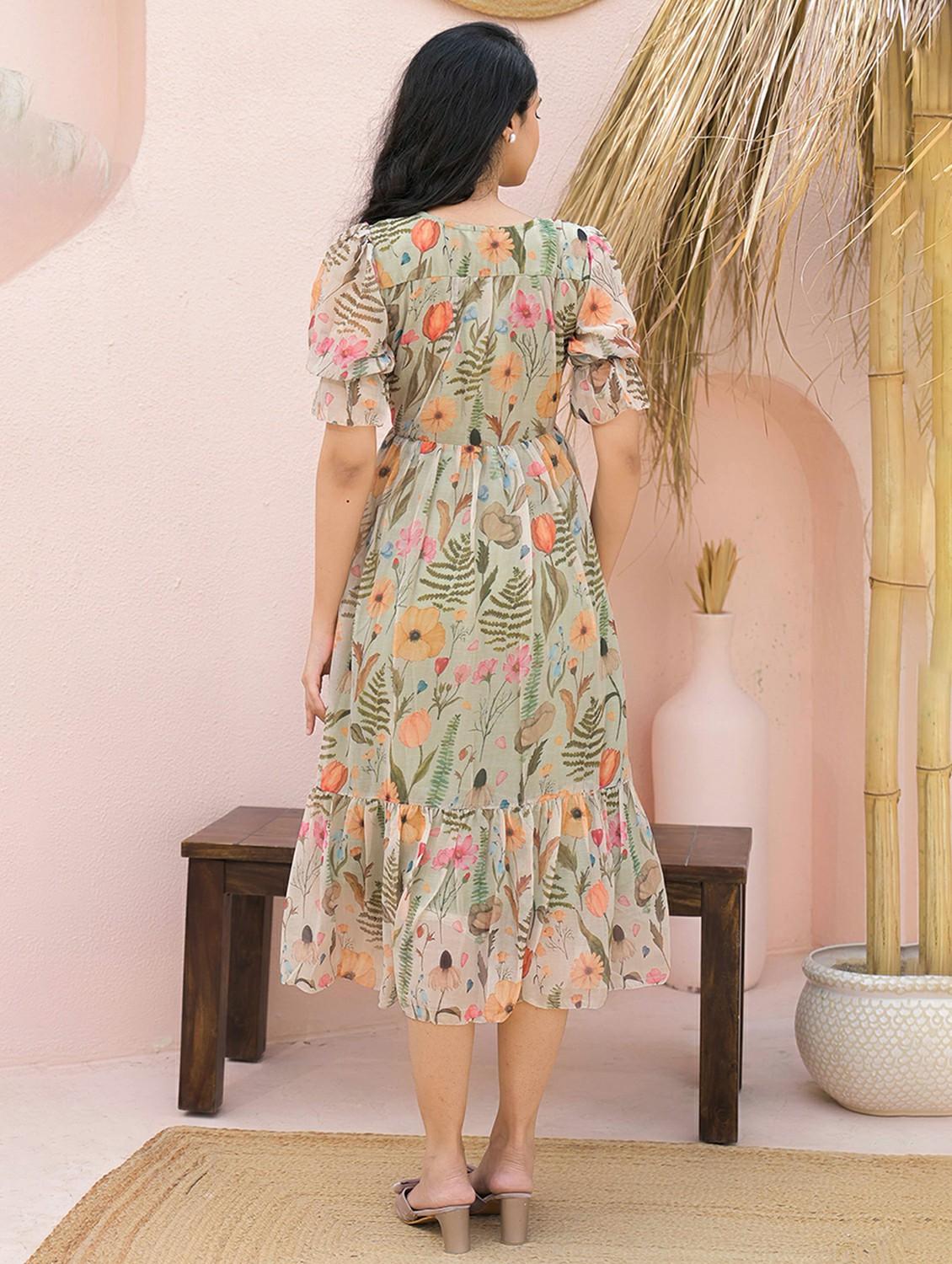 women floral print puff sleeve tiered dress - 21968504 - Standard Image - 2