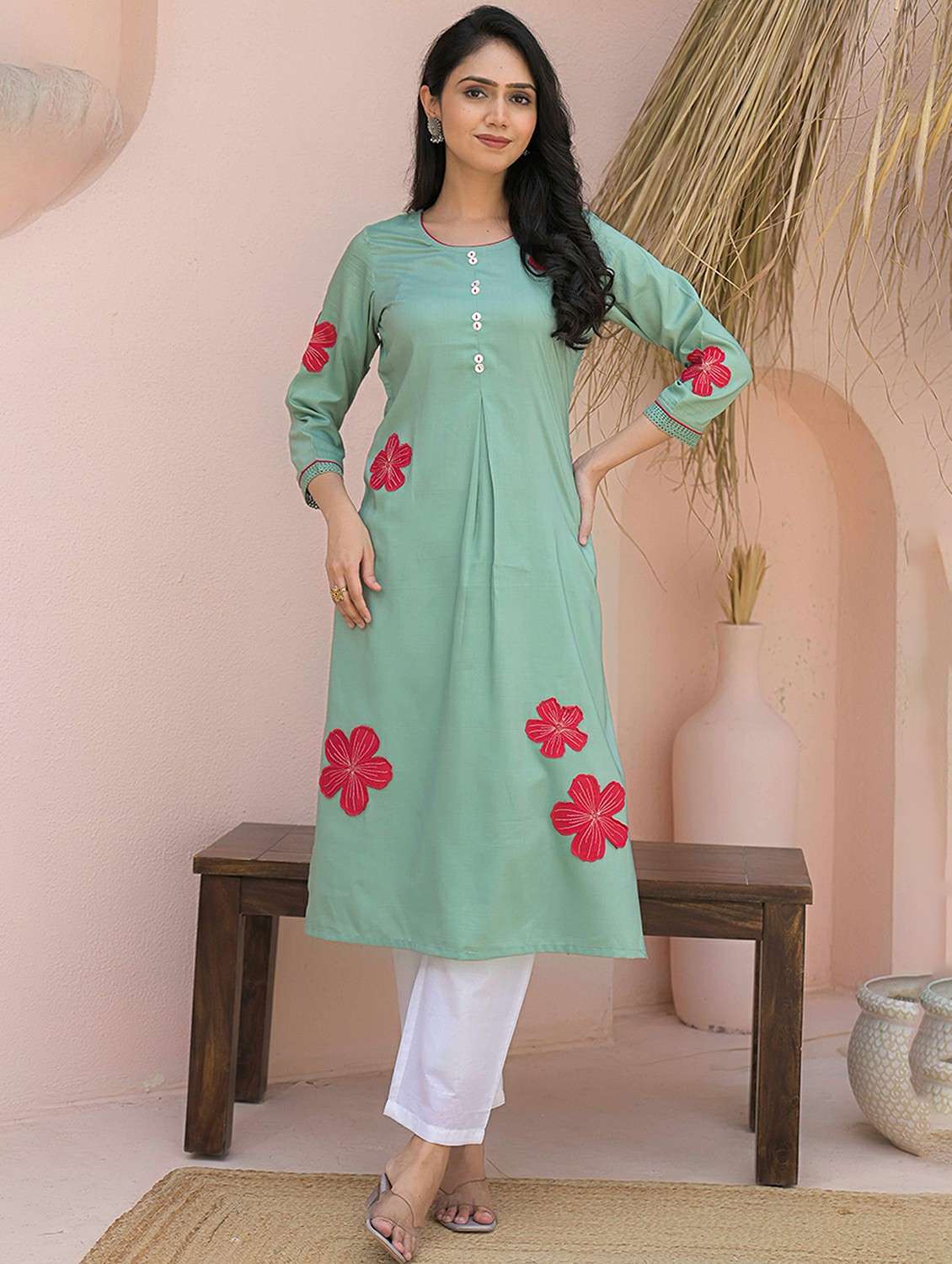 women floral three quarter sleeve a-line kurta