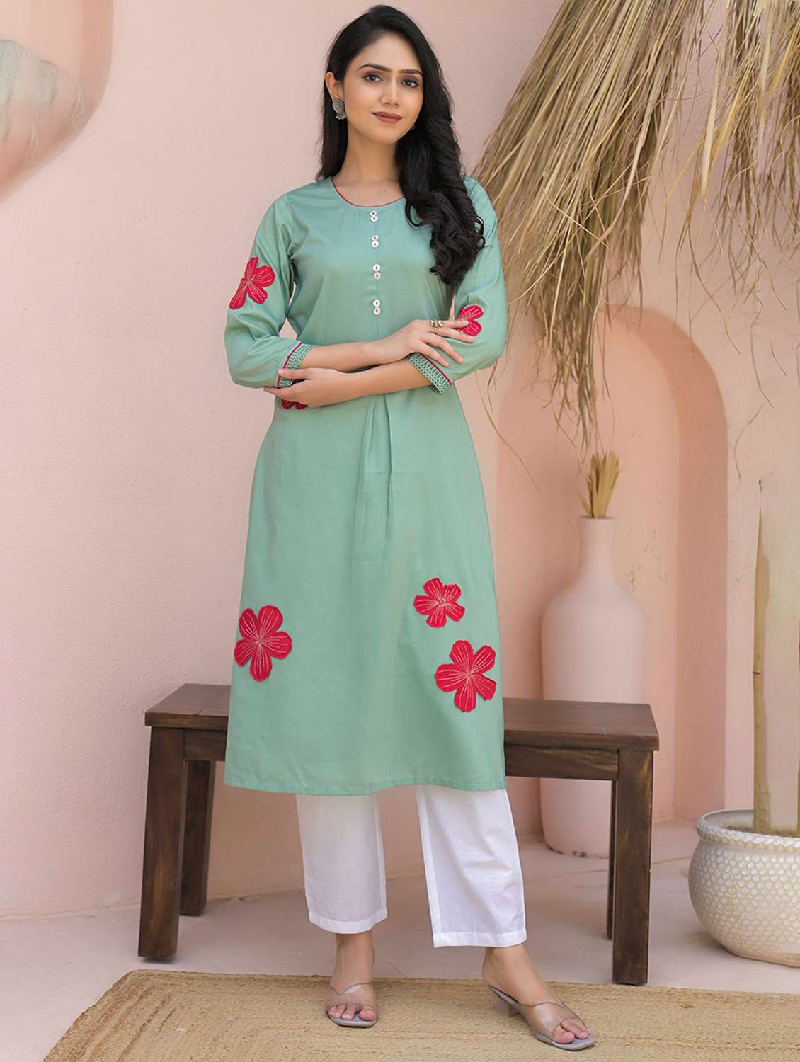 women floral three quarter sleeve a-line kurta - 21968512 -  Standard Image - 2