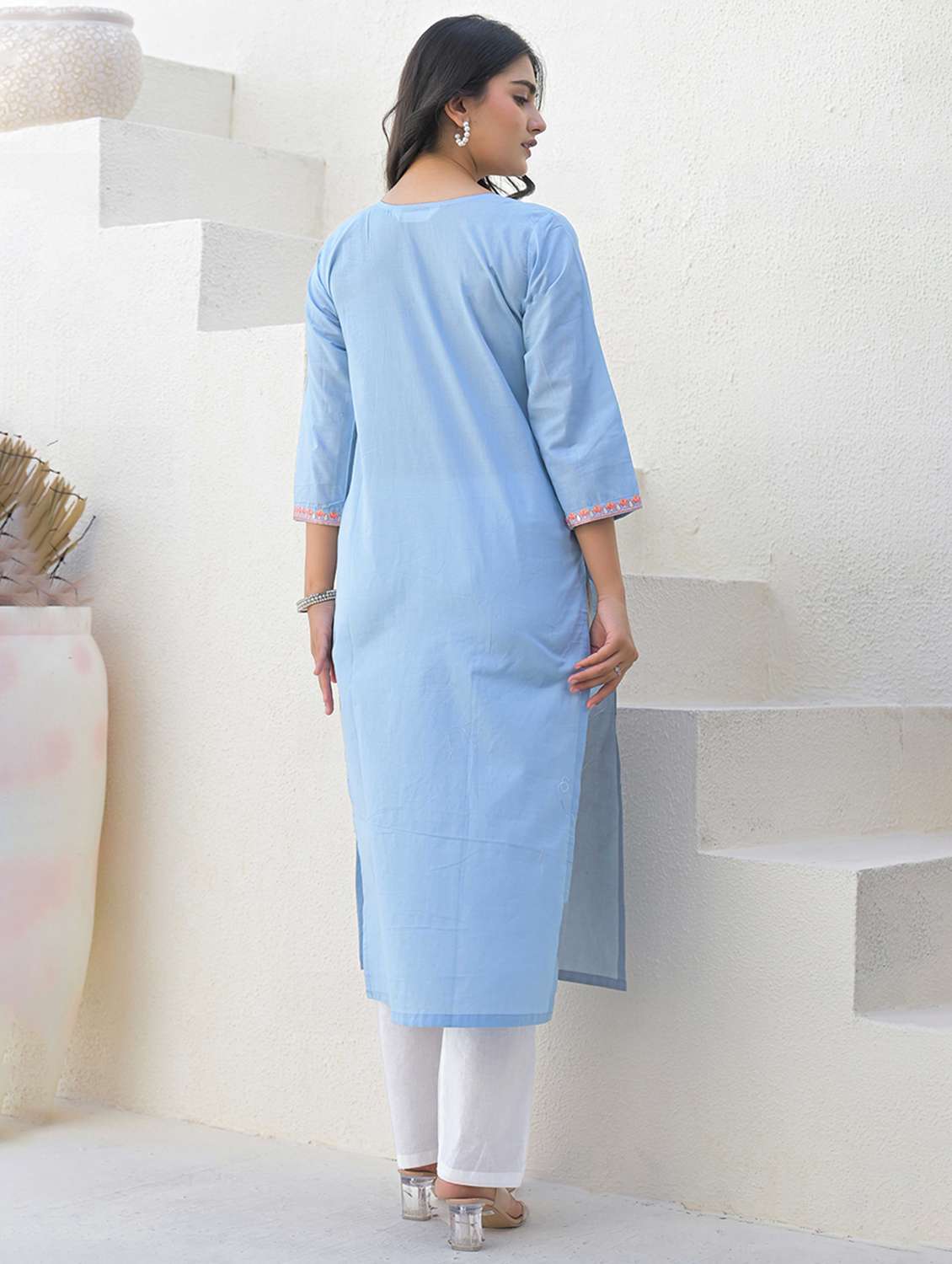 women embroidered three quarter sleeve straight kurta  - 21968514 -  Standard Image - 2