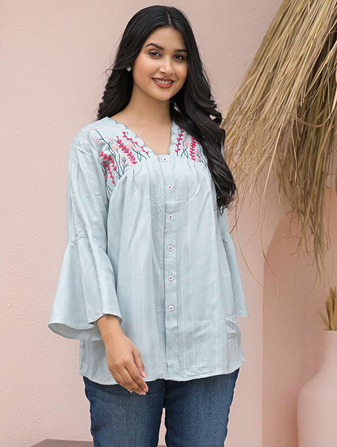 women embroidered bell sleeve  a-line top - 21968519 -  Standard Image - 2