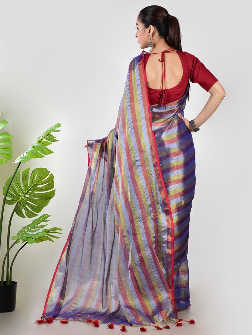 women striped printed saree with blouse - 21968622 - Standard Image - 2