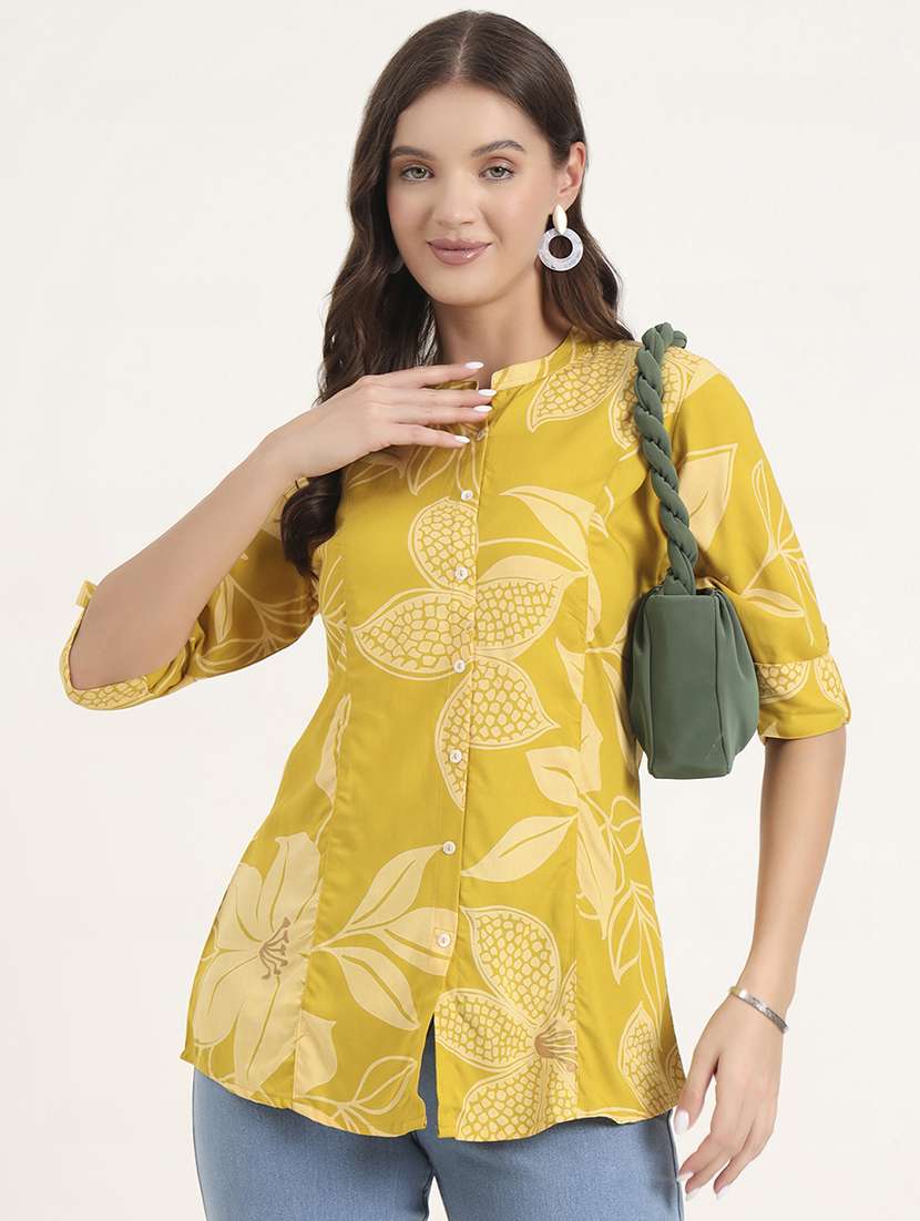 women printed mandarin neck shirt style top