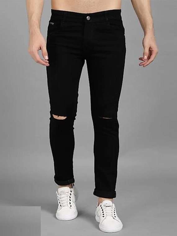 men solid slash knee mid rise slim fit jean