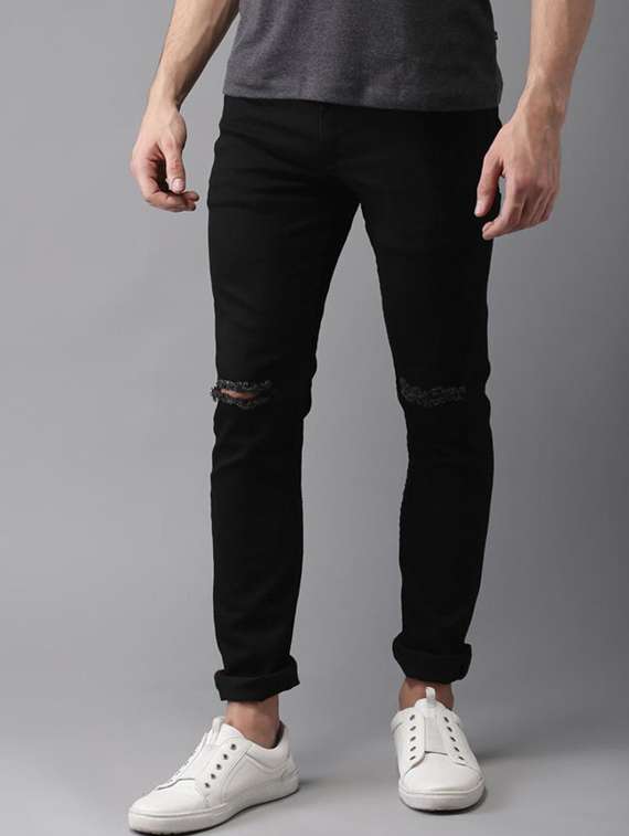 men solid slash knee mid rise slim fit jean