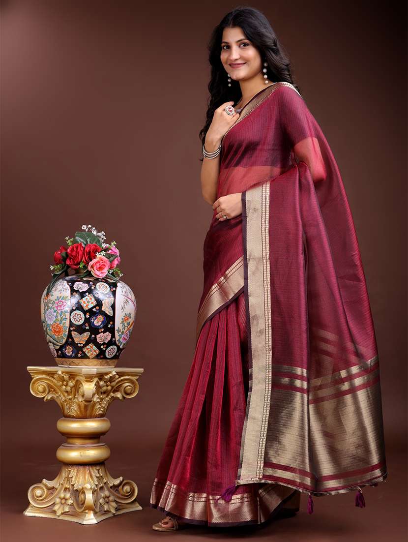 women solid with bordered saree with blouse - 21969160 - Standard Image - 2
