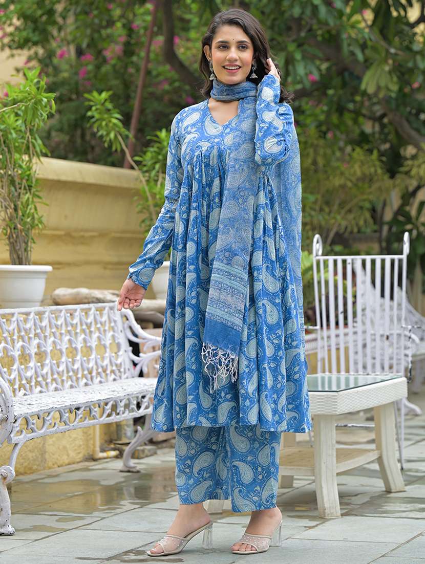women blue long sleeve kurta pant with dupatta set - 21969209 -  Standard Image - 2