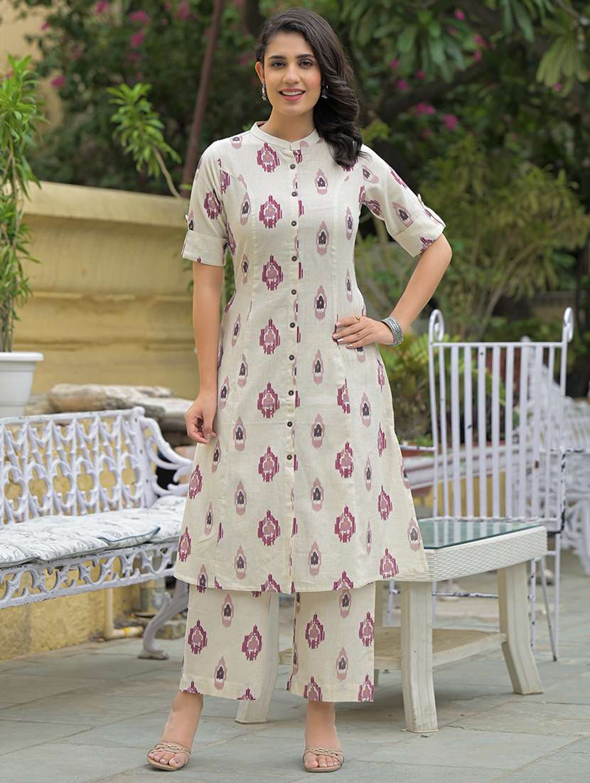 women off white roll up sleeve kurta pant set - 21969213 -  Standard Image - 2