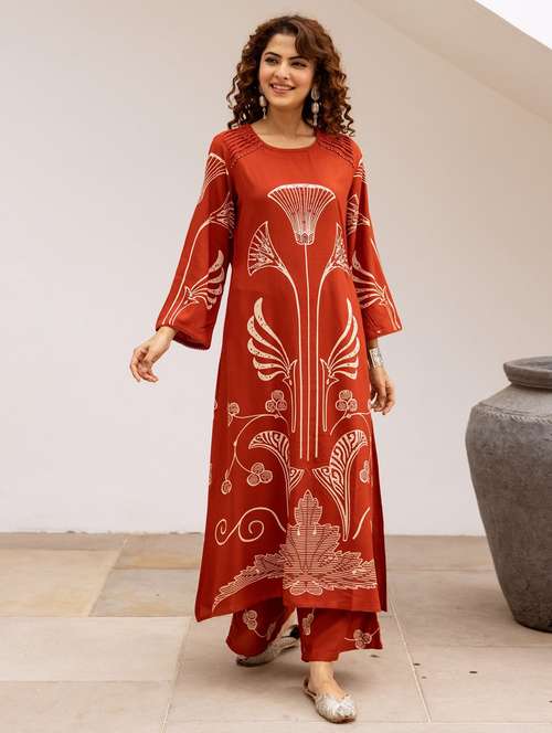 women rust printed long sleeve kurta palazzo set