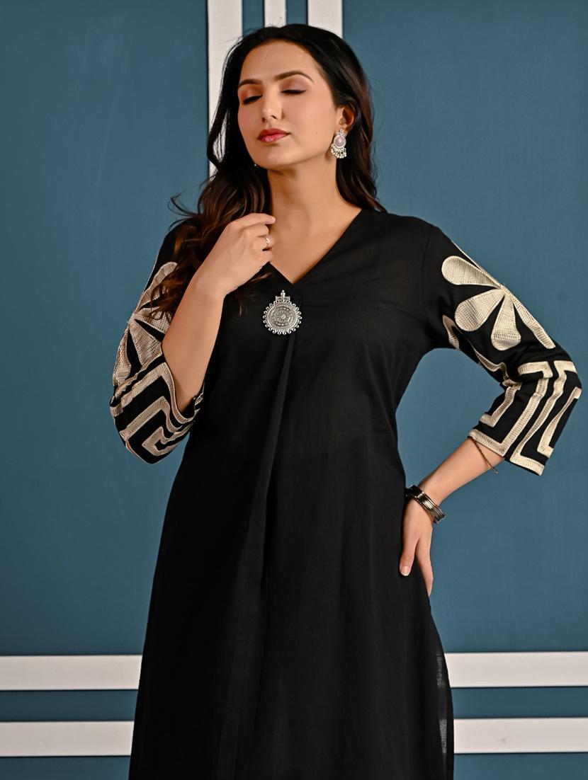 women embroidered three quarter sleeve kurta pant set - 21969665 - Standard Image - 2