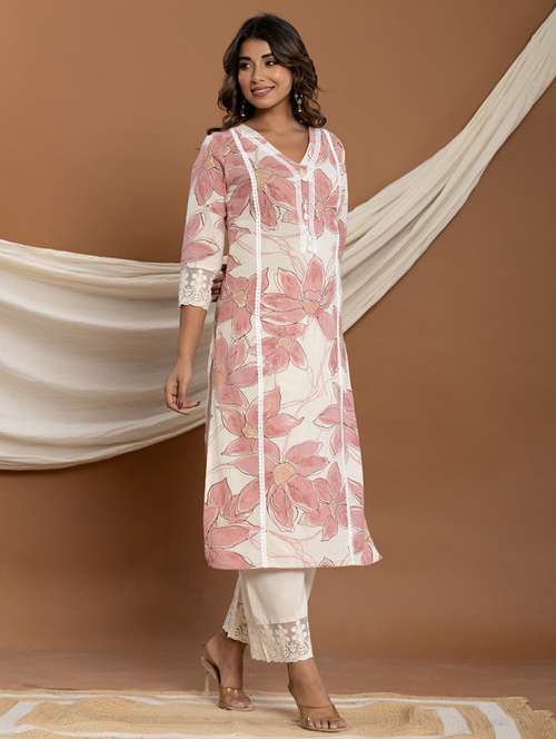 women floral three quarter sleeve kurta pant set