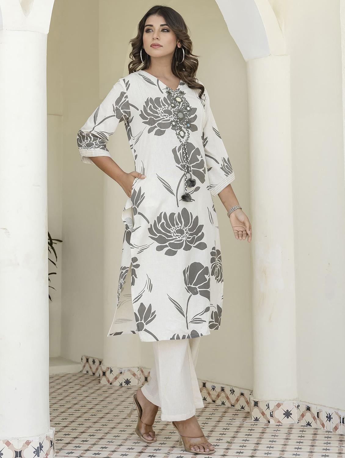 women floral three quarter sleeve kurta pant set - 21969776 - Standard Image - 2