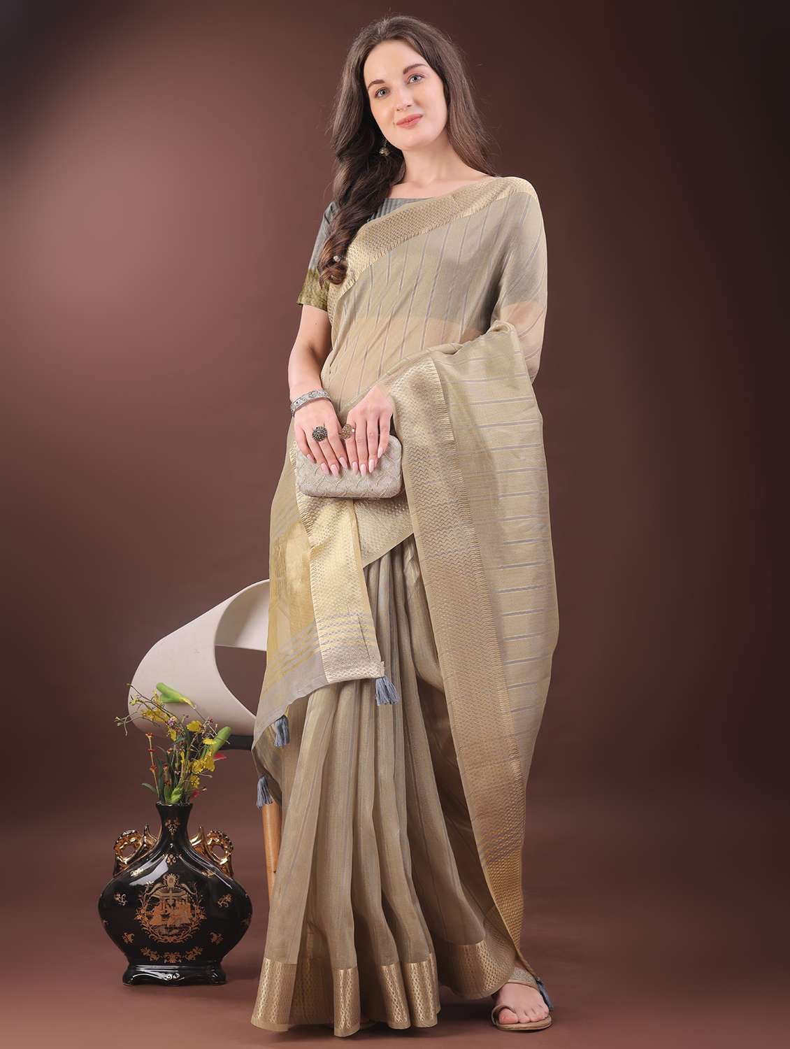 women striped bordered saree with blouse